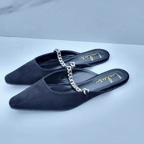 LULU'S Lavareta Black Suede Chain Pointed-Toe Loafer Slides 8.5 - Picture 1 of 14